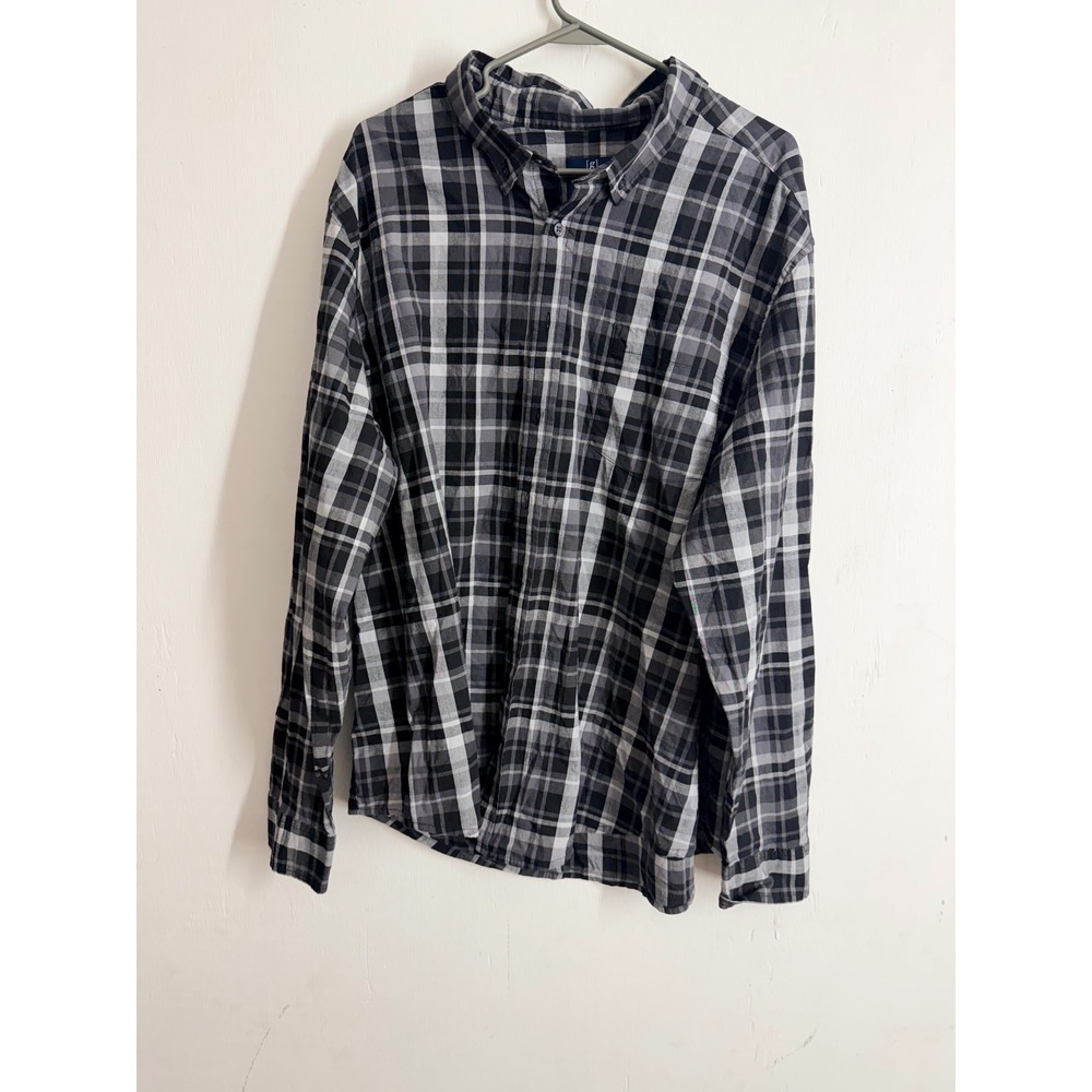 George Mens 2XL Classic Fit Plaid Button Down Shirt Black Grey Long Sleeve
